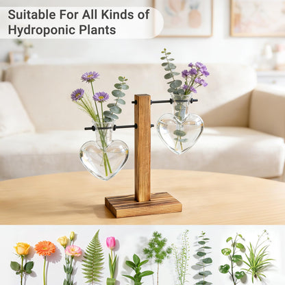Mkono Heart Shaped Propagation Station with Wood Stand, Glass Hydroponic Planter Desktop Plant Terrarium for Home Office Decor, Gifts for Plant Lovers - 2 Love Bulb Pot Vase