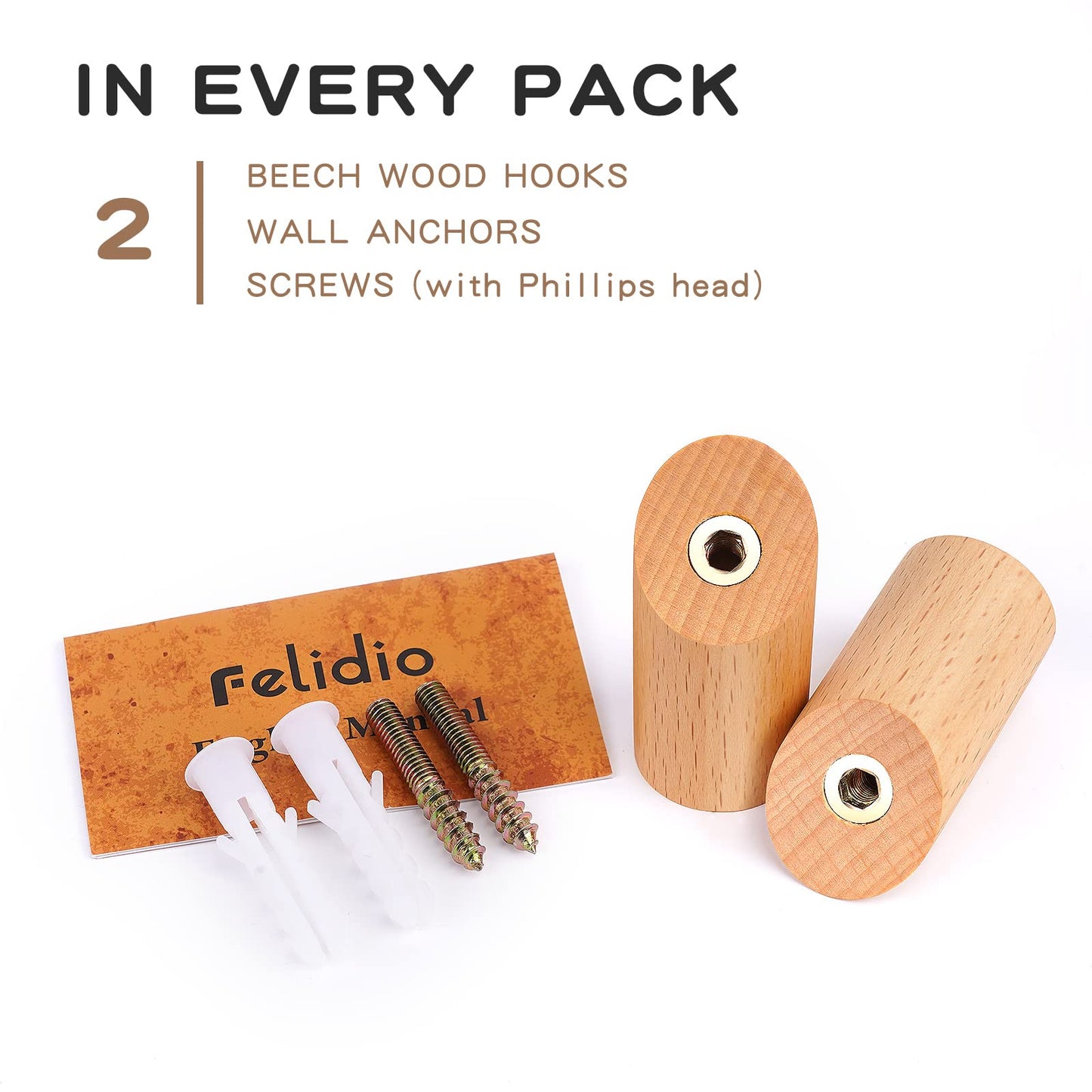 Felidio Wooden Wall Hooks, 2 Pack Coat Hooks Wall Mounted - Natural Wood Hook Coat Rack, Heavy Duty Hooks for Hanging Towels Entryway Coats Hat Rack for Wall (Beech Wood)