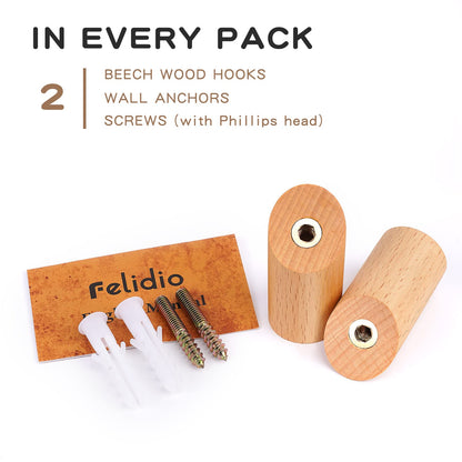 Felidio Wooden Wall Hooks, 2 Pack Coat Hooks Wall Mounted - Natural Wood Hook Coat Rack, Heavy Duty Hooks for Hanging Towels Entryway Coats Hat Rack for Wall (Beech Wood)