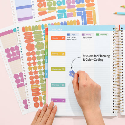 SUNEE Deluxe Teacher Planner 2026-2027, Lesson Planner Book with 7 Periods Jul 2026 - Jun 2027, 8.5" x 11" Daily Weekly and Monthly Organizers with Colorful Tabs, Planning Stickers,120gms Paper, Pink