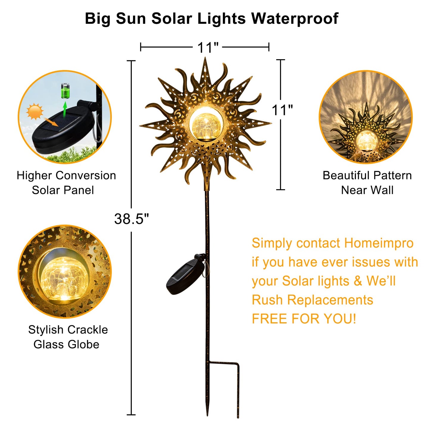 HOMEIMPRO Large Sun Solar Garden Decor Lights Outdoor Garden Gifts Mom Dad, Crackle Glass Metal Stake Backyard Decor, Waterproof LED Lights for Lawn Patio Ornaments, Mothers Day Gifts for Women