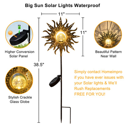 HOMEIMPRO Large Sun Solar Garden Decor Lights Outdoor Garden Gifts Mom Dad, Crackle Glass Metal Stake Backyard Decor, Waterproof LED Lights for Lawn Patio Ornaments, Mothers Day Gifts for Women