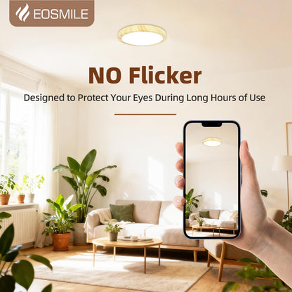 EOSMILE 12 Inch Wood Grain LED Flush Mount Ceiling Light, 25W, 3000LM, CRI 95+, 2700K-5000K 5-Color Selectable & Dimmable, Thin Flat Surface-Mounted Fixture for Bedroom, Hallway, Living Room