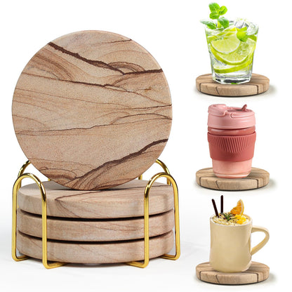 Natural Sandstone Coasters Set of 4 with Holder, 4 in Dia Drink Coasters for Coffee Table, Water Absorbent & Heat Resistant Cup Coaster for Home & Office, Christmas Birthday Gift