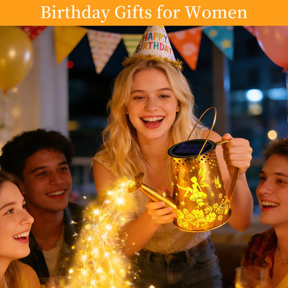 YJFWAL Solar Watering can with Lights, Unique Gifts for Mom Grandma Women Birthday, Waterproof Gardening Gifts Watering Can with Cascading Lights Outdoor Decor for Garden Patio Yard Pathway Backyard