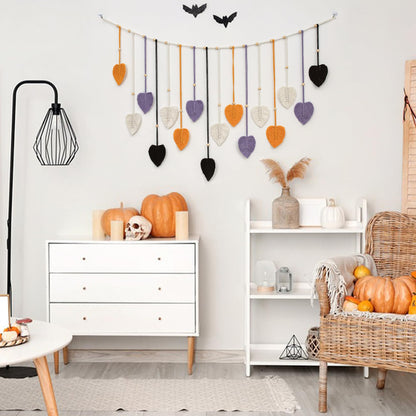 HVEST Halloween Macrame Wall Hanging Boho Decor, Purple Leaves Handmade Woven Tapestry for Bedroom Black and White Bohemian Macrame Wall Art for Living Room Decorations, 29.5L X 47W