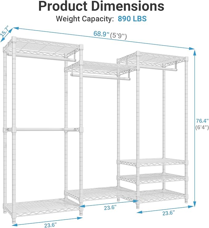 VIPEK V5C Bedroom Armoires Portable Closet Clothing Rack, White Metal with Black Cover, Adjustable Custom Freestanding Wardrobe Heavy Duty Covered, Max Load 890LBS