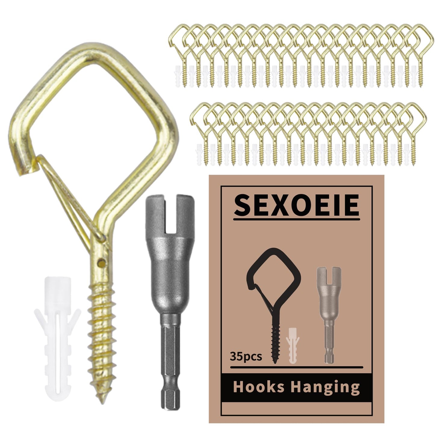 Sexoeie 35PCS Eye Screw Hooks for Hanging Heavy Duty with Safety Buckle.Metal Ceiling Hooks for Hanging Plants,Cup,Wind Chime,Bird Feeders,String Lights at Indoor&Outdoor,2.36 Inches Gold