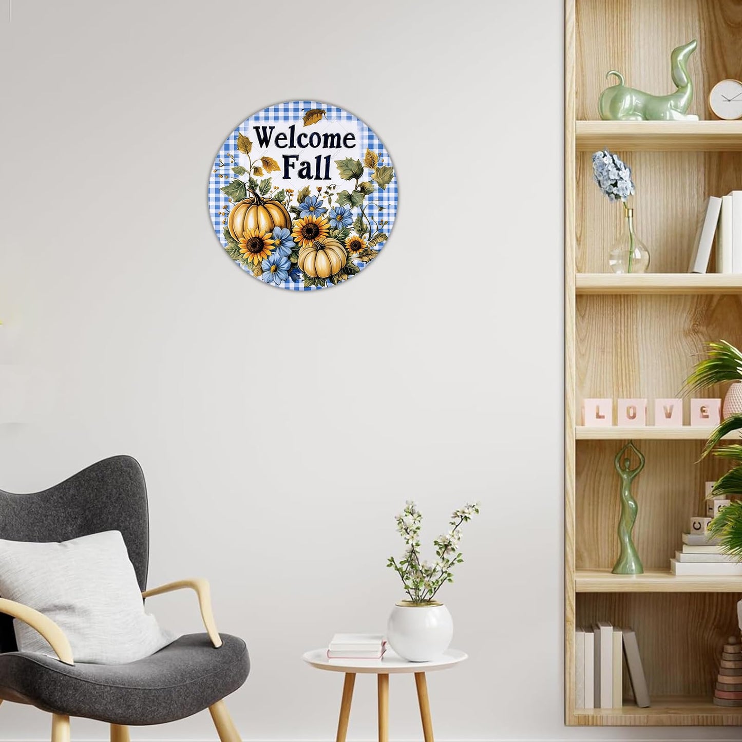 KIYOYO Retro Round Metal Tin Sign Blue Welcome Fall Pumpkins Sign Craft Supplies Pumpkin Wreath Supplies Wreath Center Home Decoration Art Poster 12x12 Inch