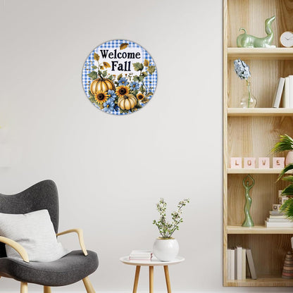 KIYOYO Retro Round Metal Tin Sign Blue Welcome Fall Pumpkins Sign Craft Supplies Pumpkin Wreath Supplies Wreath Center Home Decoration Art Poster 12x12 Inch