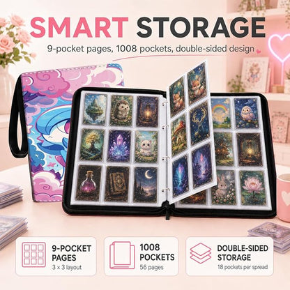 1008 Cute Card Binder 9 Pocket, 3-Ring Trading Card Binder with 56 Page Removable Sleeves, High Storage Waterproof Trading Card Holder Collection Card Album Organizer Case for TCG Cards - Blue
