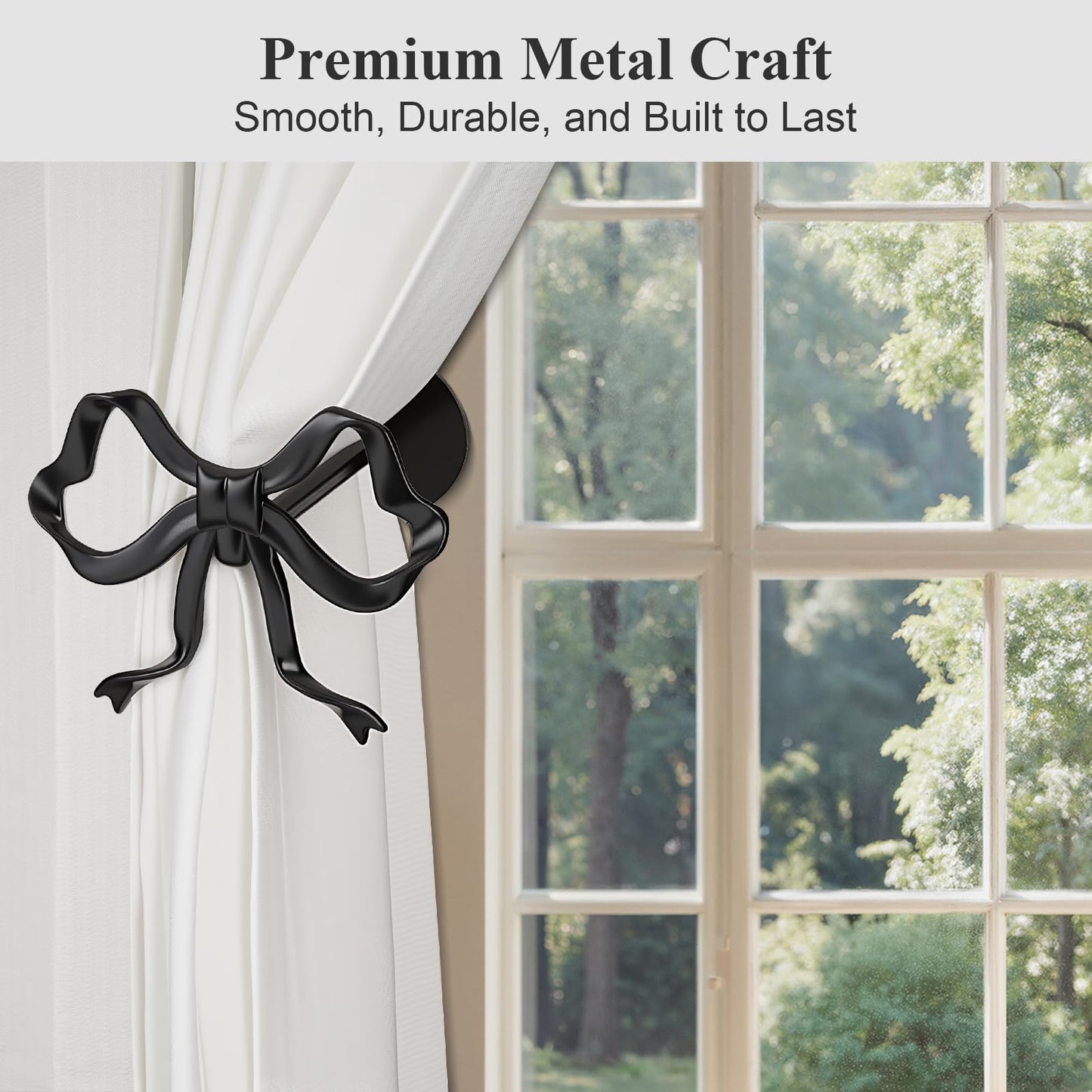 Tocemei 2 Pack Black Bow Curtain Holdbacks, Modern Matte Metal Curtain Holders for Wall,Rotatable Adjustable Angle,Elegant Bow Decor for Living Room Bedroom Home