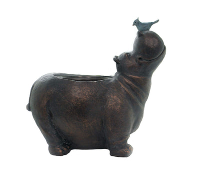 13"H Hippo with Bird Planter