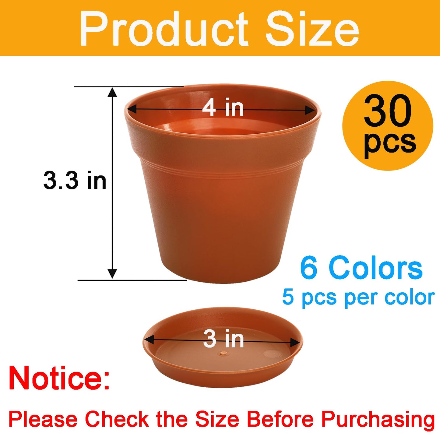 Frcctre 30 Pack 4 Inch Plastic Planter Pots, Small Flower Pots Seedlings Nursery Pots with Drainage Hole and Saucers for Indoor Outdoor Plants Flowers Herbs Succulents, 6 Colors