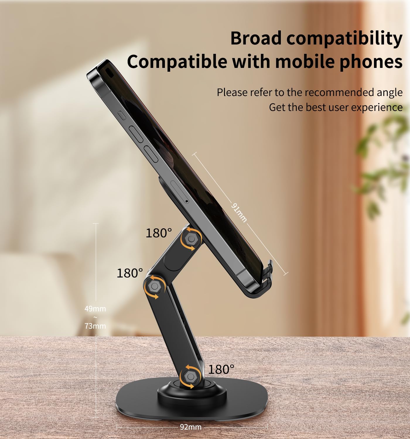 CXTX 360° Rotating Cell Phone Stand for Desk, Adjustable & Foldable Phone Holder, Aluminum Desktop Phone Stand with Anti-Slip Base, Compatible with iPhone, iPad, Android Phones, K69-Black