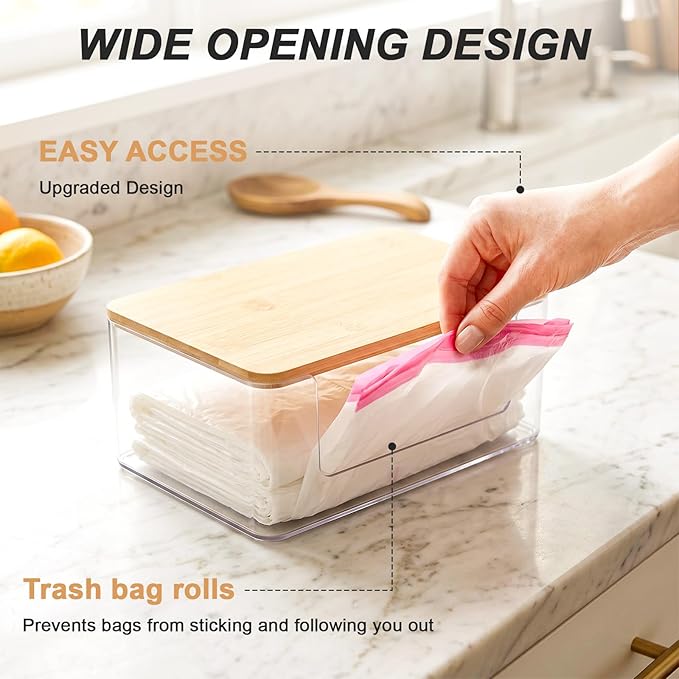 3 Pack Trash Bag Holder, Stackable Garbage Bag Dispenser with Lid | Clear Plastic Organizer with Bamboo Lid, Space-Saving Under Sink Storage for Kitchen, Laundry Room, Pantry & Cabinet