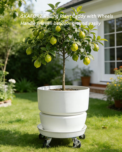 SKAFORZ Rolling Planter Caddy(430lbs Capacity), Heavy Duty Metal Plant Stand with Brake Wheels Plant Dolly Mover Plant Pot Tray Saucer for Indoor Outdoor 16 Inches White 2Pack