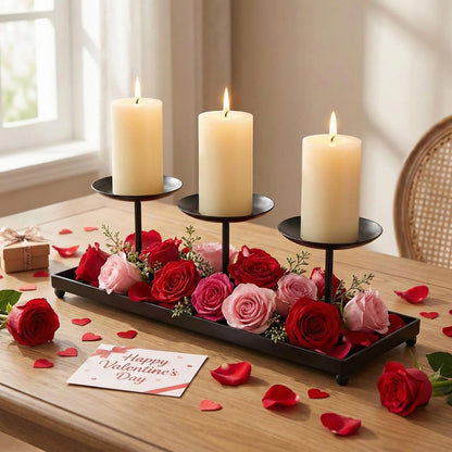 flangairy 3 Pillar Black Metal Candle Holders for Table Centerpiece, Fall Thanksgiving & Halloween Dining Table, Fireplace Mantel Decor, Tray Candlestick for Living Room Rustic Decorations