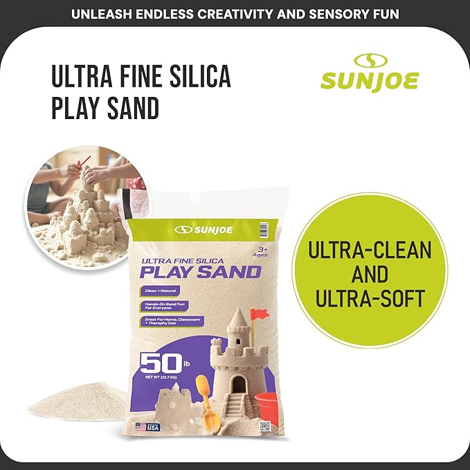 Sun Joe Silica Play Sand for Sandbox, Sensory Table & Garden Spaces, Ultra Fine, 50 Lb Bag - Indoor and Outdoor Natural Craft Accessory for Molding, Digging, Sculpting and Gardening, PLYSAND50