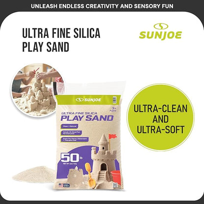 Sun Joe Silica Play Sand for Sandbox, Sensory Table & Garden Spaces, Ultra Fine, 50 Lb Bag - Indoor and Outdoor Natural Craft Accessory for Molding, Digging, Sculpting and Gardening, PLYSAND50
