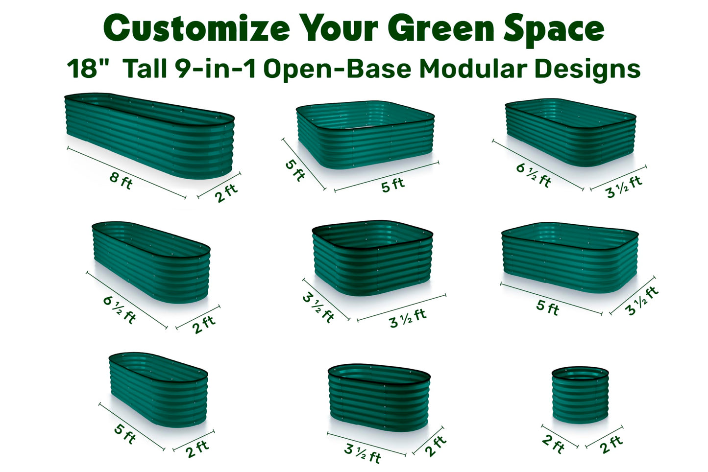 9-in-1 Galvanized Steel Raised Garden Bed // 8×2×1.5 ft Modular Planter for Gardening, Vegetables, Flowers // 18" Tall Metal Raised Garden Beds Outdoor (Dark Green) // Patented Design Planter Box