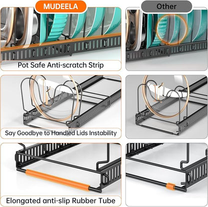 MUDEELA Pot and Pan Organizer Rack for under Cabinet, Expandable 11.81''-22.85'' Pot Lid Kitchen Cabinet Organizer Holder with 12 Adjustable Compartment Cutting Board Organizer for Pan Lid, Bakeware