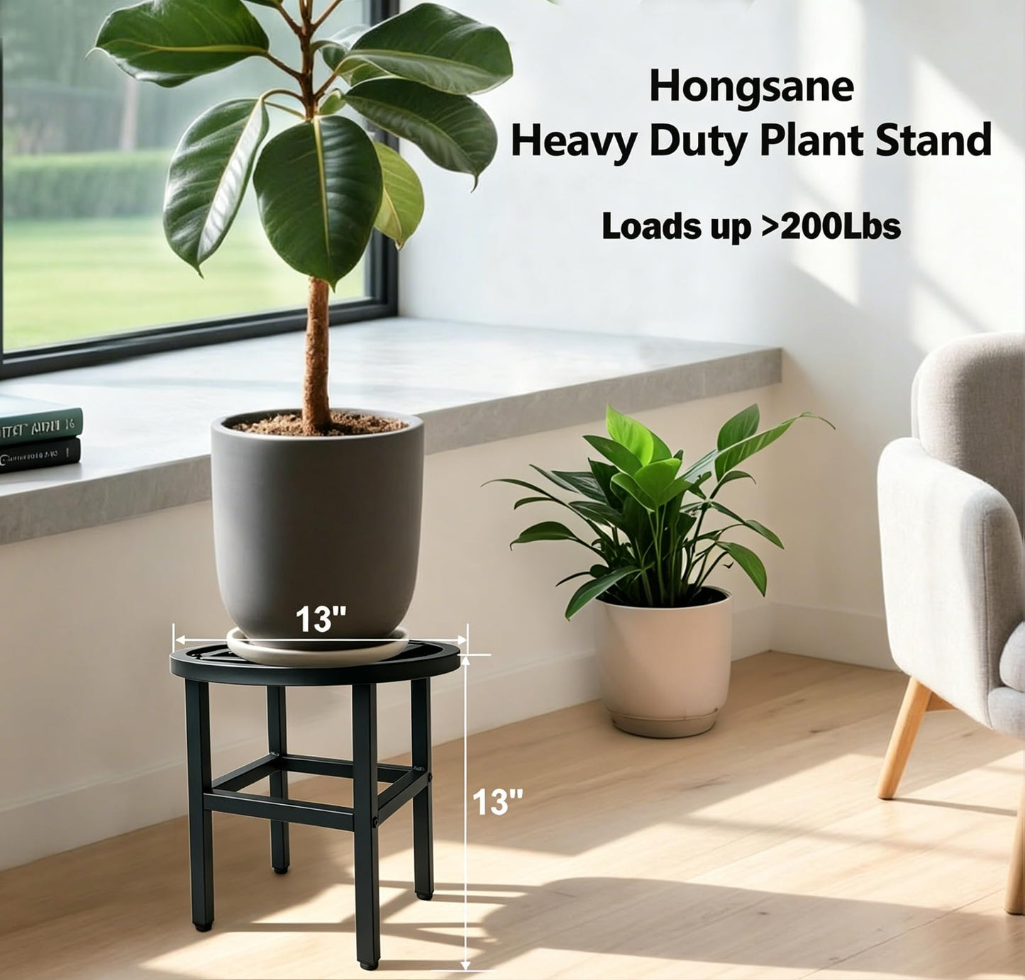 Hongsane Plant Stand Indoor Outdoor,13" Round Metal Plant Stands Riser,Heavy Duty Wrought Iron Pedestal Holders for Large Flower Pot,Outside Rust-Proof Black Flower Display Shelf for Patio,2-Pack