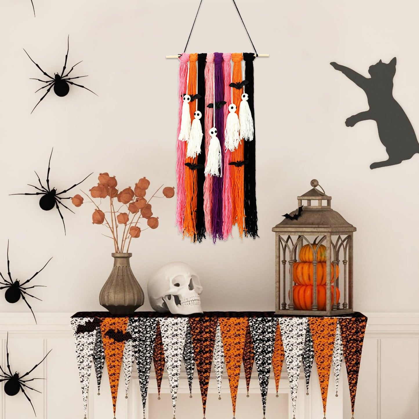 FYSUIMU Halloween Decorations Ghost Wall Hanging Cute Ghost Bat Woven Flag Banner for Wall Home Indoor Outdoor Party Supplies Spooky Season Decor