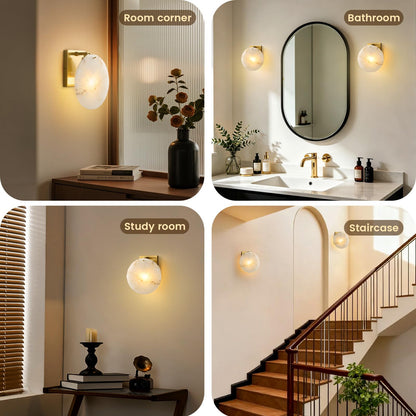DLITISH Natural Alabaster Wall Sconce, 8.7 inch Round White Marble Wall Lamp with Gold Metal Base, Modern Alabaster Wall Light Fixture for Bedroom, Living Room, Dining Room, Hallway (E12 Bulb)