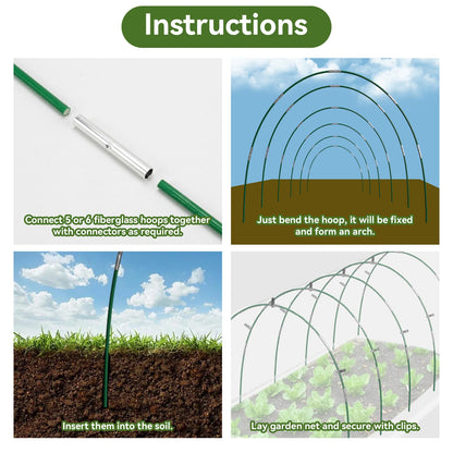 Garden Netting Kit for Raised Beds, 10x30FT Ultra Fine Mesh Netting＆ 6 Sets of 8FT Fiberglass Garden Hoops, Row Cover Insect Netting for Vegetable Plant Fruit Flowers Protection