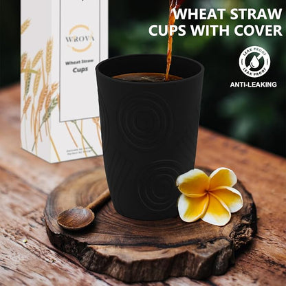 Wrova Wheat Straw Cups 16oz Set of 8 with Silicone Covers - Alternative Plastic Cups Reusable- Microwave & Dishwasher Safe - Unbreakable Plastic Drinking Cups for Camping - Black