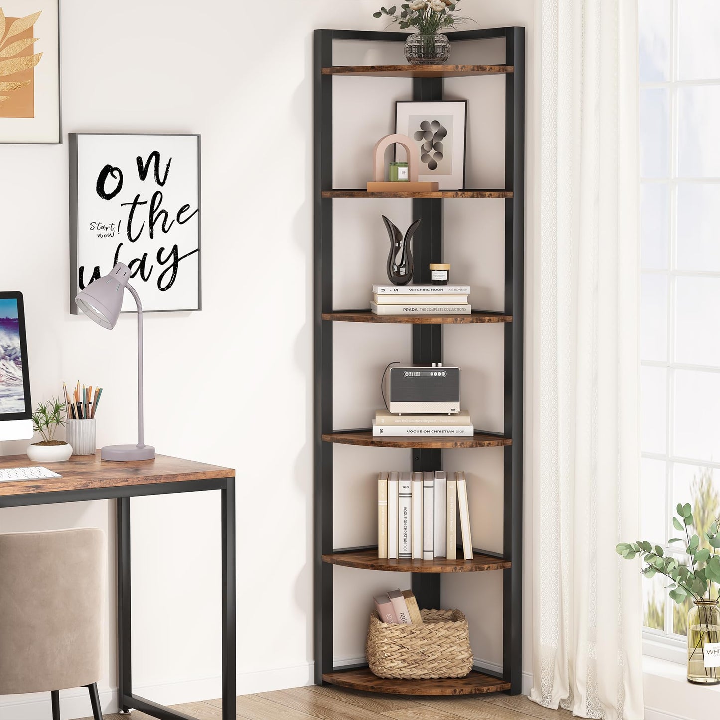 Tribesigns 6 Tier Corner Shelf, 70.9 Inch Tall Corner Bookshelf Small Bookcase Rustic Corner Shelving Unit Storage Rack for Living Room, Home Office, Kitchen, Small Space