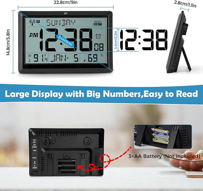 Amgico Digital Wall Clock,10.5" Large Display Atomic Clock,Battery Operated,Digital Calendar Auto Setting with Indoor Temperature,Humidity,Date,Day,Auto DST for Elderly Bedroom Classroom,No Backlight