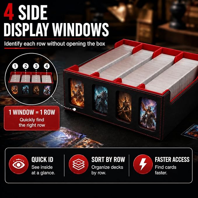 3200+ High-Capacity Card Display Storage Box, 4-Row Design (Ideal for Collectors & Beginners), Heavy-Duty Archival Case for MTG/TCG/Sports Cards （Black Red）