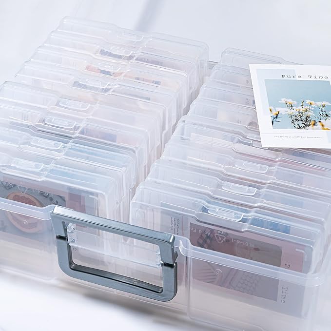 novelinks Transparent 4" x 6" Photo Organizers and Photo Storage Box with Handle, 16 Inner Photo Cases, Portable Picture Organizers & Photo Storage Containers (Clear-Silver Handle)