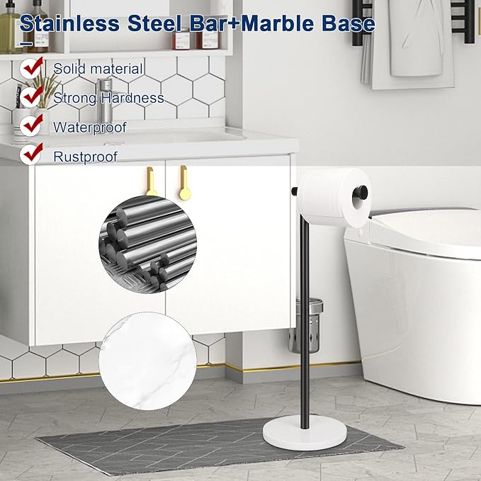 NearMoon Bath Toilet Paper Holder Stand- Modern Tissue Roll Holder Standing with Balanced Base, Rustproof Toilet Roll Holder for Bathroom/Kitchen Countertop (Matte Black, Marble Base)