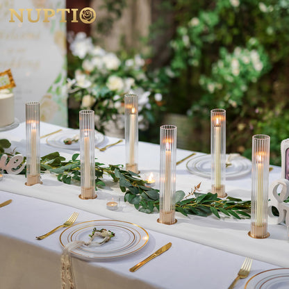 NUPTIO Candlestick Holder with Fluted Hurricane: Set of 6 Metal Candle Holders with Glass Cylinders - Gold Taper Candleholders for Birthday Valentine Wedding Table Centerpiece Outdoor Decor