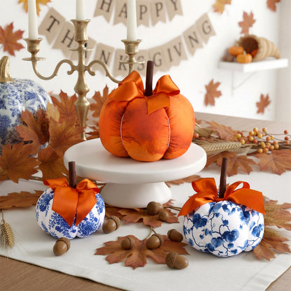 Frienda 3 Pcs Blue White Orange Fabric Pumpkins Chinoiserie Thanksgiving Decor Rustic Pumpkins Blue and White Porcelain Faux Fall Decor for Autumn Harvest Farmhouse Wedding Table Centerpiece Mantel