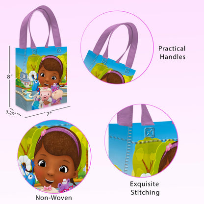 Doc McStuffins Party Favor Bags Set – 12 Pack 8" Disney Goodie Bags for Kids Bulk Reusable Mini Totes | Disney Doc McStuffins Birthday Party Supplies