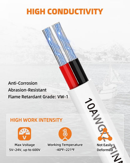 CONEPY 10 Gauge Marine Wire, 10/2 Duplex Marine Grade Cable, IP68 Waterproof/Oxygen-Free Tinned Copper Stranded PVC 10 AWG Wire for Boat, Automotive, RV, Solar, LED Strips (50FT)
