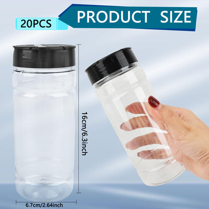 20 Pack 16 oz Plastic Spice Jars with Black Shaker Cap Reusable Seasoning Containers Jars with Shaker Lids Clear Empty Plastic Bottle for Storing Spice Seasoning Powders