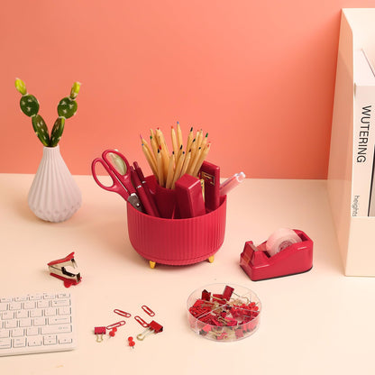 SKYDUE Red Office Supplies Set, Pencil Holder for Desk, Stapler, Tape Dispenser, Scissors,Clips and 1000pcs Staples, Office Decor for Women, Red Desk Accessories