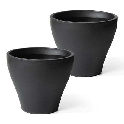 Step2 Fernway Round Planter, Large Planters for Outdoor Plants, Gardening and Flower Pot for Patio or Porch, Efficient Drainage, Durable Plastic, Onyx Black, 2-Pack