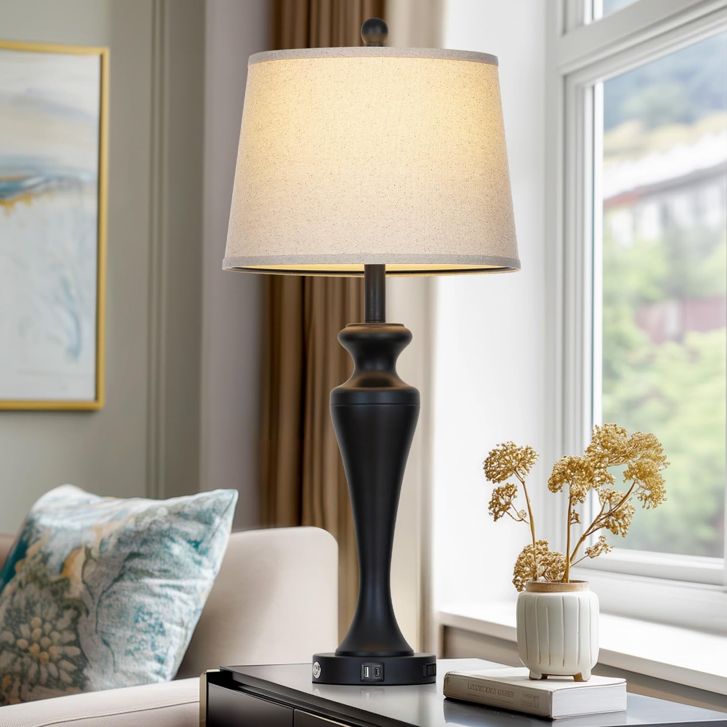 luxeflow 30 Inch Black Table Lamp Single, 3-Way Dimmable Touch Control Living Room Lamps with USB A+C Ports and AC Outlet, Tall Bedside Lamps for Nightstand, Modern Metal Bedroom Lamp, Bulb Included