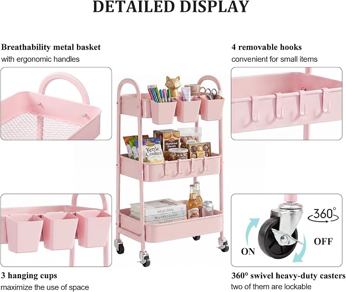 danpinera 3-Tier Rolling Cart, Utility Cart Mobile Metal Rolling Storage Cart with Lockable Wheels & Hanging Cups & Hooks for Kitchen, Bathroom, Office, Workshop, Pink