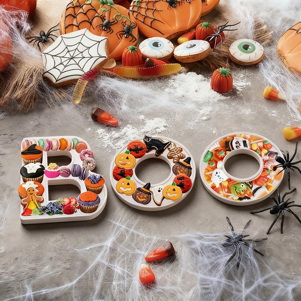 3pcs The Letters BOO Wooden Charcuterie Board, 12 Inch Larger Halloween Food Trays, Fillable The Letters Shaped Serving Platter for Snack Candy Cookie Dessert, Perfect for Halloween Party Decoration