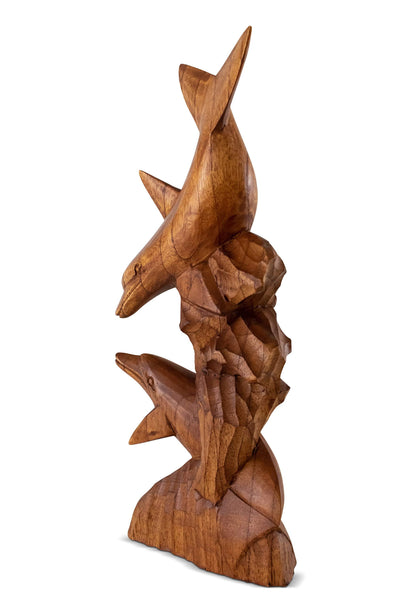 G6 Collection Wooden Hand Carved Dolphin Statue Sculpture Wood Decorative Home Decor Accent Figurine Handcrafted Handmade Seaside Tropical Nautical Ocean Coastal Decoration (2 Dolphins on Coral, 12")