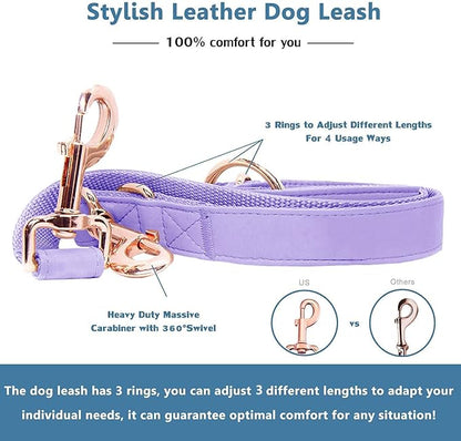 Soft Leather Dog Collar and Leash (6.6') Set - Stylish Rose Gold Heavy Duty Metal Buckle, 4 Adjustable Lengths Leash for Small Medium Large Dogs - Comfortable & Easy to Clean (L, Light Purple)