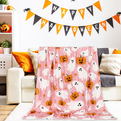 JarThenaAMCS Halloween Fuzzy Flannel Blanket 60 x 50 Inch Ghost Pumpkin Throw Blanket Pink Soft Blankets for Farmhouse Home Chair Sofa Couch Bed