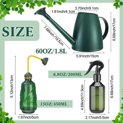 Reallnaive 1/2 Gallon Long Spout Watering Can Set for Indoor & Outdoor Plants – Includes Spray Bottle, Squeeze Bottle, Watering Globes & Soil Moisture Meter for Garden & House Plants(Dark Green)
